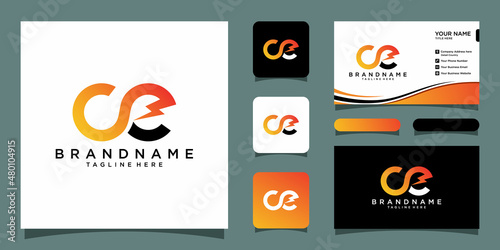 Initial CE letter with Lightning Logo Vector Design and business card design template