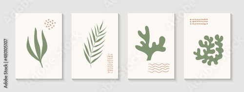 Minimalist abstract hand drawn vector posters. Contemporary wall art with organic natural shapes, leaves. Modern art