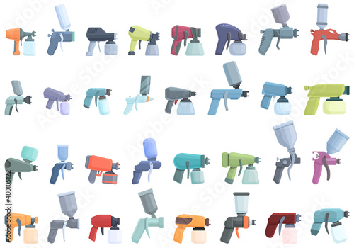 Paint sprayer icons set cartoon vector. Wrap coating. Automotive spray