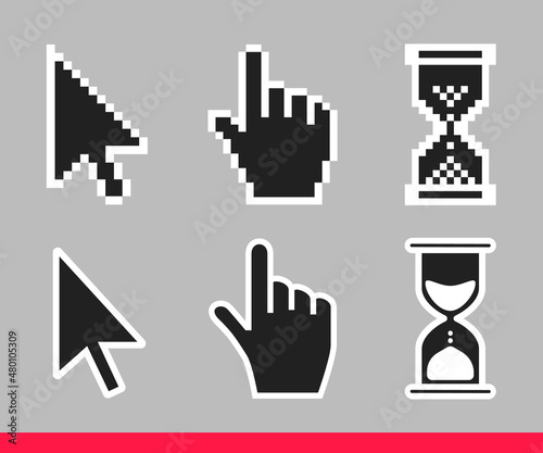 Pointer hand, arrow and hourglass loading clock mouse cursors icon sign graphic element flat style design vector illustration set. Simplistic pictogram indicator sign, endless time process idea.