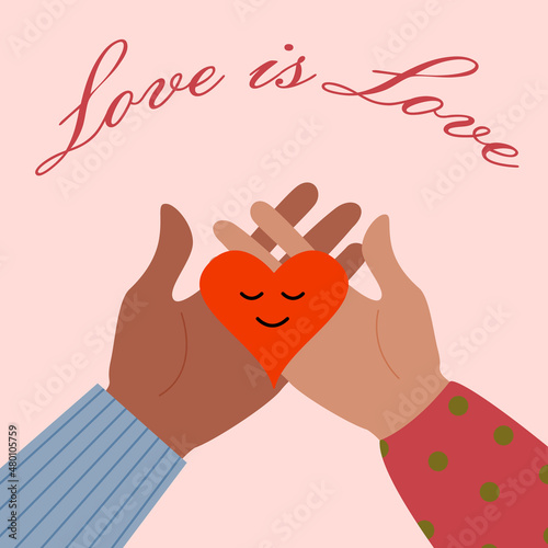 Valentine's Day greeting card, the hands of a man and a woman holding hearts.