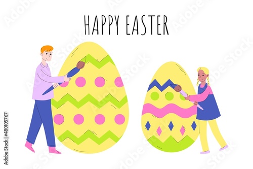 Tiny father and daughter paint Easter eggs. Happy Easter. The concept of preparing for Easter, celebrating Easter with the whole family.
