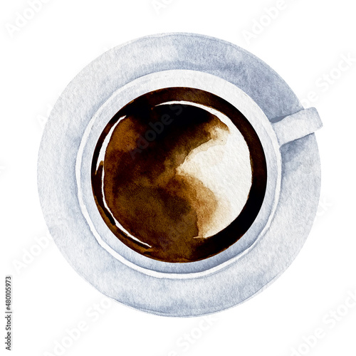 Watercolor black coffee in a white cup in saucer top view isolated on white background