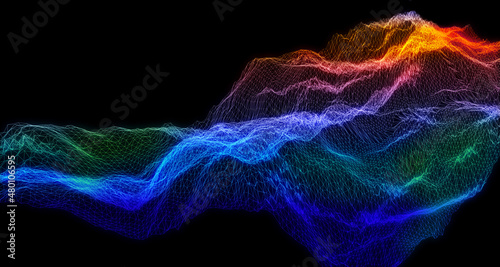 Mounds and canyons of colors. Structures of color in spectrum of complex 3d mesh or wire frames. 3D illustration, 3D rendering. photo