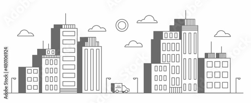 Suburban neighborhood city landscape. Skyscraper houses on the skyline. Homes near the road. Outline vector illustration.