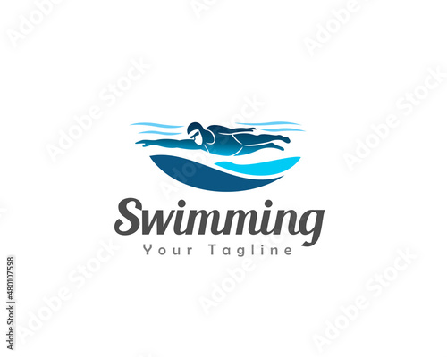 swimming at open sea beach summer logo template illustration