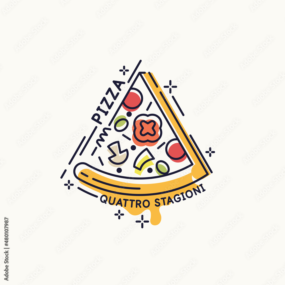 Drawing of pizza. A slice of fresh delicious pizza. A poster with a picture of food.