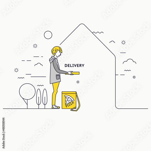 A young man delivers groceries. The courier delivered the pizza to the customer's house.