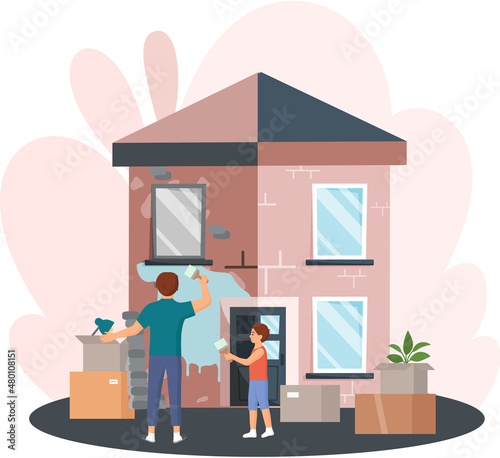 Home renovation, house before and after repair. New and old suburban cottage. Remodel construction. Old run-down house remodeled into cute traditional suburban cottage. Building maintenance service