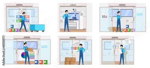 Printing house polygraphy industry composition. Print and polygraphy industry concept. Printing house production process with workers flowchart plotter, printer offset machine working. Print equipment