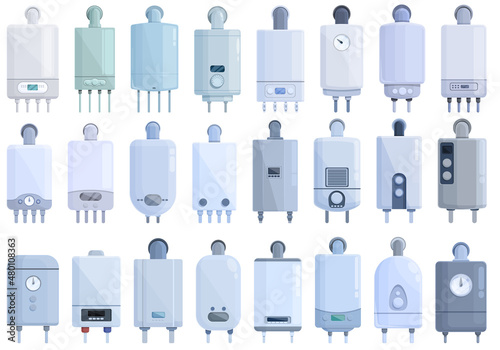 Gas boiler icons set cartoon vector. Room hvac. Steam hot interior