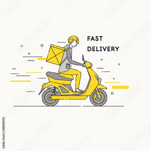 The courier guy is in a hurry to deliver pizza. A young man makes a delivery. A man rides a scooter on the road.