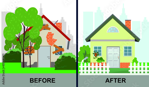 House before and after repair vector illustration. Flat design