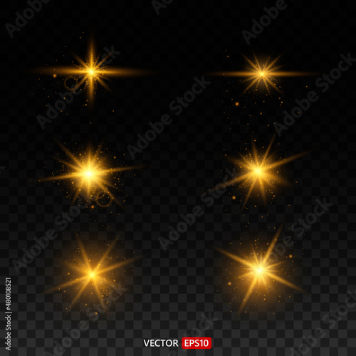 Shining star, the sun particles and sparks with a highlight effect, color bokeh lights glitter and sequins. On transparent background. Set. Vector, EPS10 