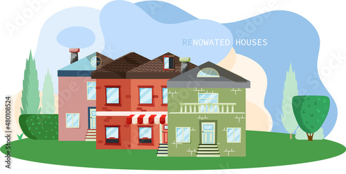 Home renovation, house before and after repair. New and old suburban cottage. Remodel construction. Old run-down house remodeled into cute traditional suburban cottage. Building maintenance service