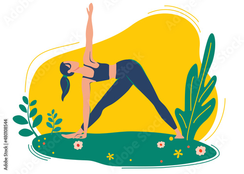 Woman does yoga exercise, yoga pose. The concept of outdoor yoga. Yoga classes in nature. Healthy Lifestyle Concept. Web page template of Yoga School, Studio. Vector illustration