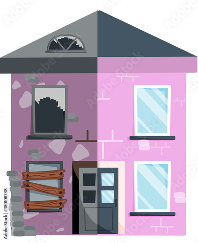 Home renovation, house before and after repair. New and old suburban cottage. Remodel construction. Old run-down house remodeled into cute traditional suburban cottage. Building maintenance service