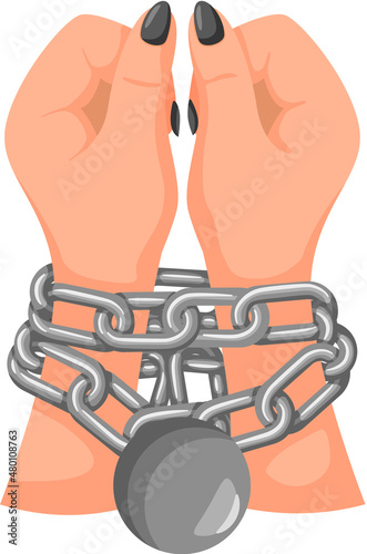 Hands tied with iron chain, handcuffed hands, symbol of slavery, bondage, restriction of freedom. Dependency concept, inactive person. Addiction of character on something, confines on action