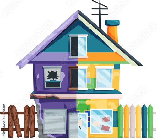 Home renovation, house before and after repair. New and old suburban cottage. Remodel construction. Old run-down house remodeled into cute traditional suburban cottage. Building maintenance service