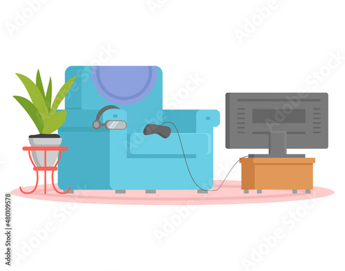 Living room design layout. Interior and arrangement of furniture in apartment. Chair, TV, game console, shelf, potted plant for design at home. Living room decoration with interior elements