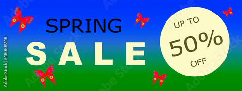 Up to 50% off Spring Sale Handwritten Typography. Green and blue spring gradient background with colorful butterflies.