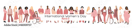 International Women's Day banner. Women of different ethnicities stand side by side together.