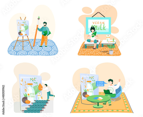 Non dairy nut vegan milk scenes set. Vegetarianism concept, plant-based vegan healthy milk, fresh organic drink. Healthy alternative to lactose milk, environmentally friendly product, natural protein