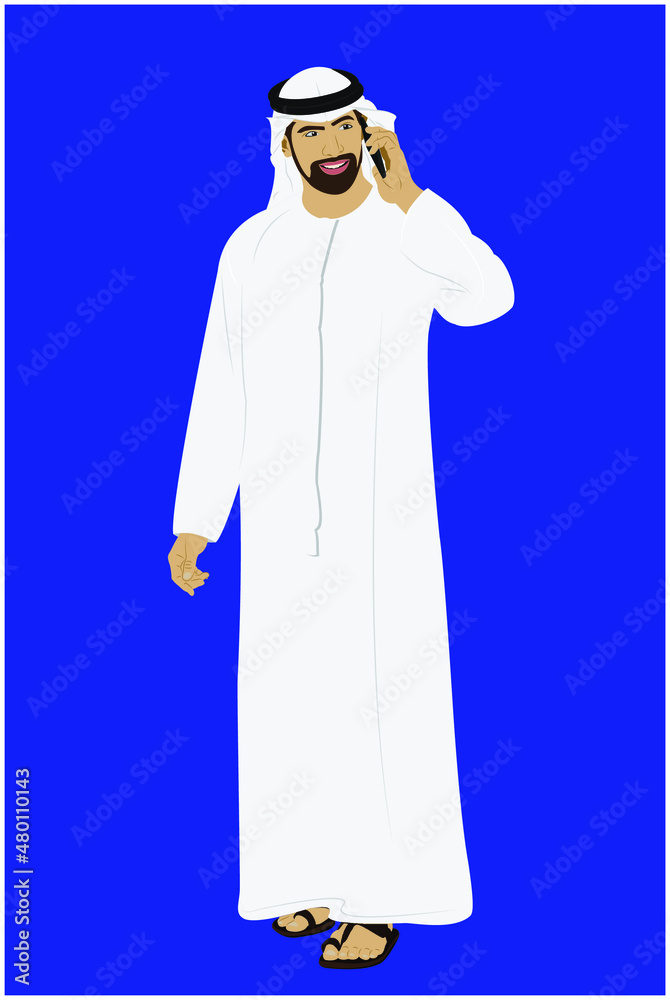 Standing male in United Arab Emirates traditional dress speaking on a smart phone, vector illustration Standing male in United Arab Emirates traditional dress speaking on a smart phone, vector illustration