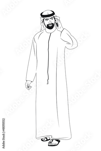 Standing male in United Arab Emirates traditional dress speaking on a smart phone, black and white vector illustration