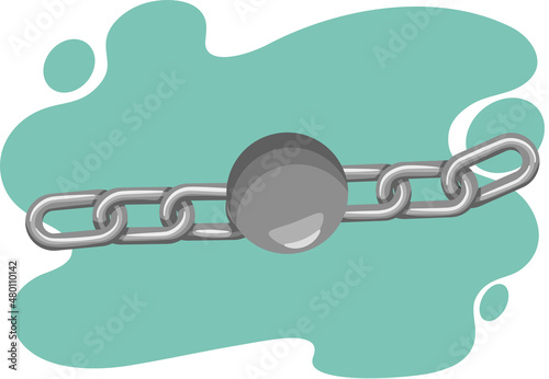 Old fashioned or retro ball and iron chain concept illustration for detention or imprisonment. Obsolete heavy leg irons. Silver jail chain with heavy shackle, criminal design, restriction of freedom