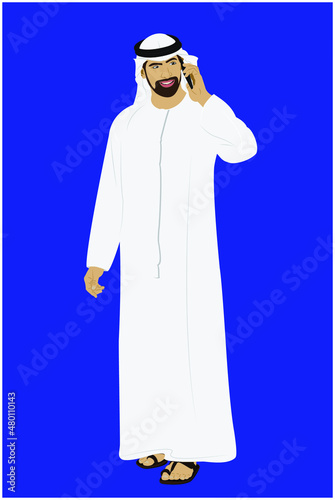 Standing male in United Arab Emirates traditional dress speaking on a smart phone, vector illustration