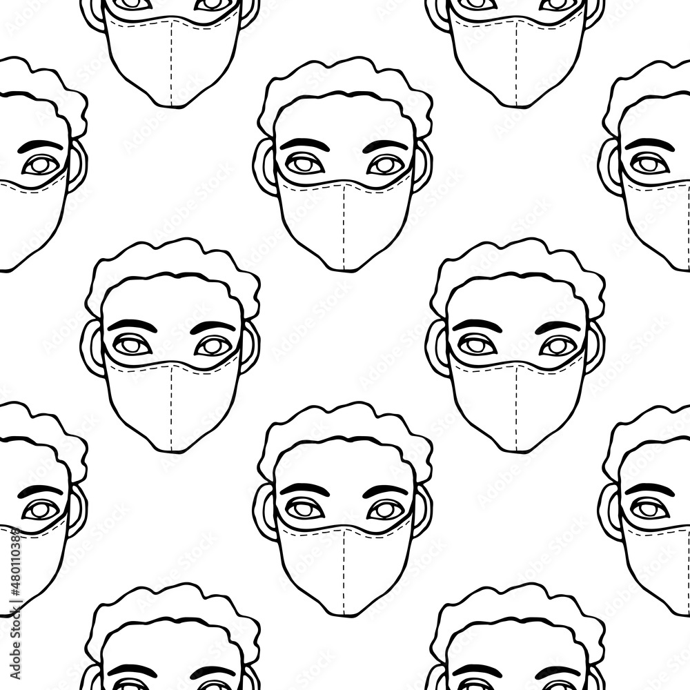 Vector seamless pattern with outline of people wearing medical protective mask. Virus prevention measures. Coronavirus pandemic, epidemic disease. Hand drawn texture in cartoon style doodle Vector seamless pattern with outline of people wearing medical protective mask. Virus prevention measures. Coronavirus pandemic, epidemic disease. Hand drawn texture in cartoon style doodle