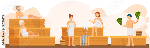 Sauna and steam room. Set of people in sauna. People relax and steam with birch brooms in traditional russian stove for female and male. Finnish bathhouse. Public sauna, Friends in spa resort