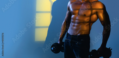 Banner templates with muscular man, muscular torso, six pack abs muscle. Muscular and sexy torso of young man having perfect athletic body.