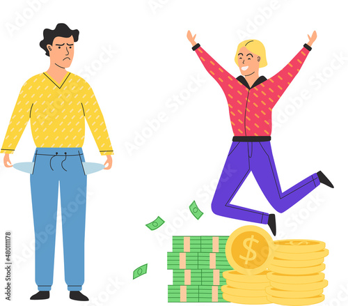 Richness and poverty concept with poor man shows empty pockets and millionaire. Man jumps enjoys wealth. Successful character has fun, rejoices in prosperity. Financial superiority, social inequality