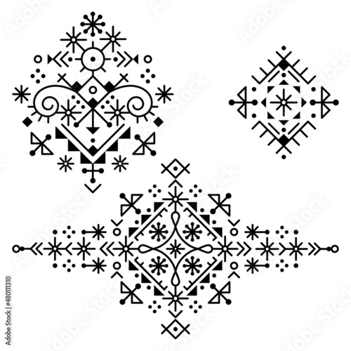 Minimalist tribal or neotribal line art vector patterns collection, geometric ornamental design set inspired by old Nordic Viking rune art
