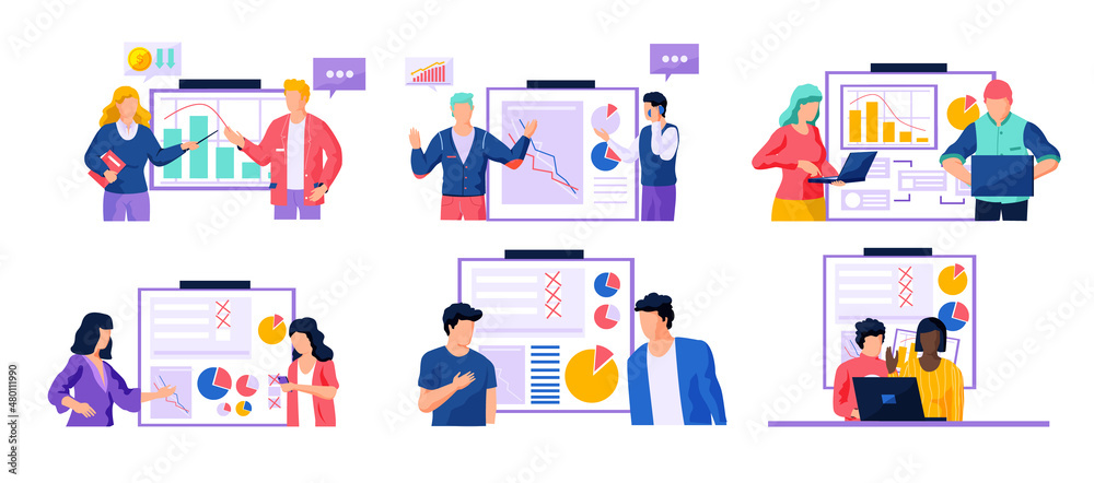 Economic problems, declining indicators of profit concept. Work with diagrams, statistical data analysis. People discussing pie chart on poster. Set of illustrations about bankruptcy, economic crisis
