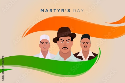 Indian Martyr's Day on 23 March 1931 with freedom fighters Bhagat Singh, Rajguru, and Sukhdev, vector illustration art layout, tricolor shape