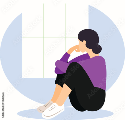 A woman thinking beside the window flat design concept.