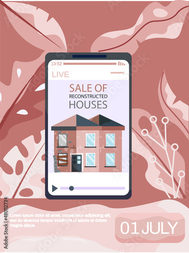 Creative mobile real estate sale web concept. Sale of reconstructed houses advertising announcement banner. Home renovation, building maintenance service, sale of used homes on secondary market
