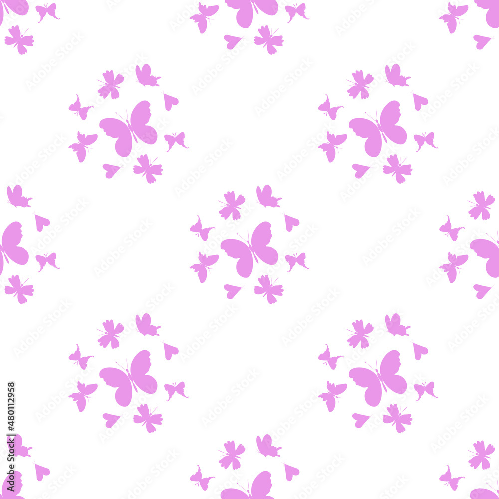 Vector seamless pattern with pink silhouettes of butterflies for Valentine's Day background.Simple print with summer insect in doodle style.Design for packaging,textiles,wrapping paper,scrapbook. Vector seamless pattern with pink silhouettes of butterflies for Valentine's Day background.Simple print with summer insect in doodle style.Design for packaging,textiles,wrapping paper,scrapbook.
