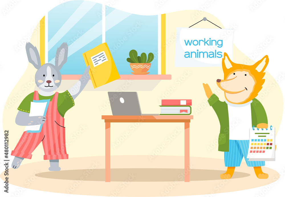 Working animals cute cartoon character works at home with laptop, performs work and tasks. Animal freelancer working on tablet and computer at home or coworking space. Home education concept