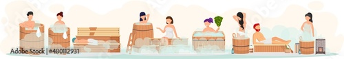 Sauna and steam room. Set of people in sauna. People relax and steam with birch brooms in traditional russian stove for female and male. Finnish bathhouse. Public sauna, Friends in spa resort