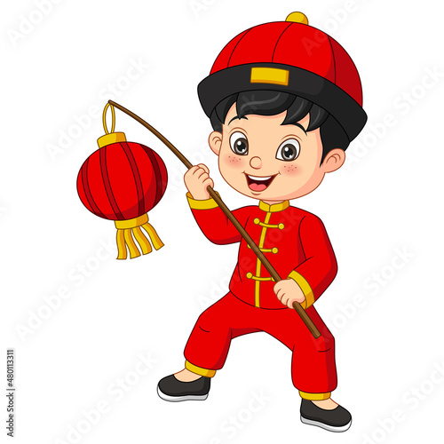 Cartoon happy boy holding chinese lantern
