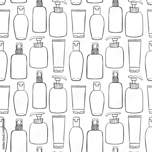 Vector seamless pattern of different outline bottles, tubes, flacons, cosmetic products in doodle style. Texture on theme beauty industry, skin care, hygiene products, toiletries