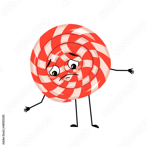 Cute character lollipop with sad emotion, face, depressive eyes, arms and legs. Sweet candy person with melancholy expression