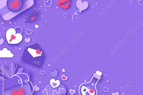 Happy Valentine's Day. Valentine day love beautiful. Hearts, Gift, flower, sweets, confetti, envelope on very peri background. Happy holidays. Love14 February paper cut concept