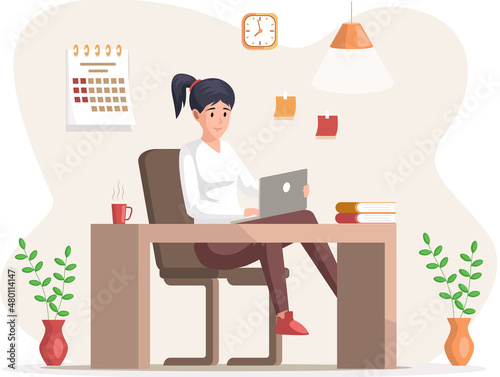 Young business woman at desk is working on laptop computer. Secretary employee in office workspace  businesswoman person  student sitting at table typing with keyboard communicates on Internet