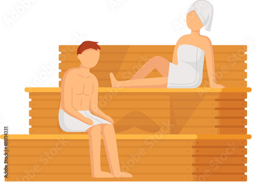 Cartoon people characters taking steam bath together. Flat vector illustration. Woman and man enjoying baths and steam, hammam with sauna whisk. Relax, health, bathhouse concept, wellness procedure