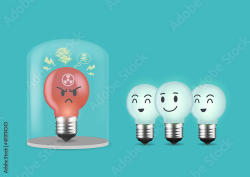 Red lightbulb with a toxic thinking symbol imprisoned in a glass lid the glass lid, light bulb glows outside with happy face. Get away from a negative attitude person.